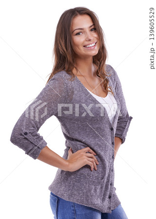 Fashion, portrait and happy woman in studio with cool clothes, pose or good mood on white background. Style, face and female model smile with confidence for elegant, trendy or casual outfit choice Fashion, portrait and happy woman in studio with cool clothes, pose or good mood on white background. Style, face and female model smile with confidence for elegant, trendy or casual outfit choice 139605529