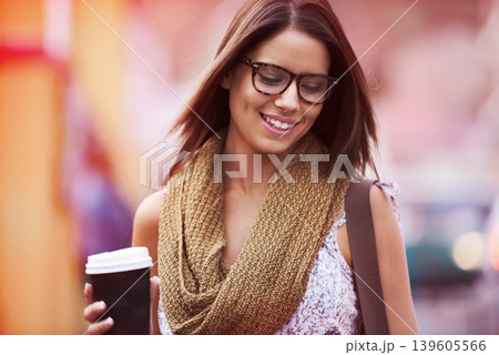 Happy, coffee break and woman in city walking on street or outdoor on holiday or vacation in summer. Takeaway, tea and college student in town relax with beverage in a cup and freedom on adventure Happy, coffee break and woman in city walking on street or outdoor on holiday or vacation in summer. Takeaway, tea and college student in town relax with beverage in a cup and freedom on adventure 139605566