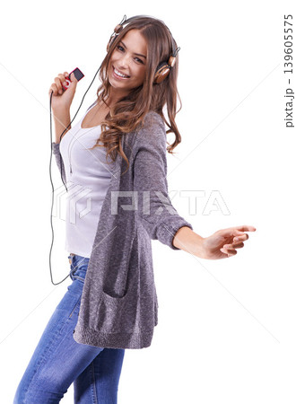 Happy woman, portrait and headphones with radio for music or dancing on a white studio background. Face of young female person smile with audio player or headset for sound track, podcast or streaming Happy woman, portrait and headphones with radio for music or dancing on a white studio background. Face of young female person smile with audio player or headset for sound track, podcast or streaming 139605575