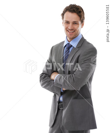 Business, arms crossed and studio portrait of happy man with lawyer experience, legal career and mockup space. Law firm expert, advocate and attorney confident in government job on white background Business, arms crossed and studio portrait of happy man with lawyer experience, legal career and mockup space. Law firm expert, advocate and attorney confident in government job on white background 139605581