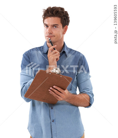 Man, portrait and clipboard in studio for thinking, pen and confident as professional in start up. Person, face or idea for checklist in business for inspection, planning decision or white background Man, portrait and clipboard in studio for thinking, pen and confident as professional in start up. Person, face or idea for checklist in business for inspection, planning decision or white background 139605593