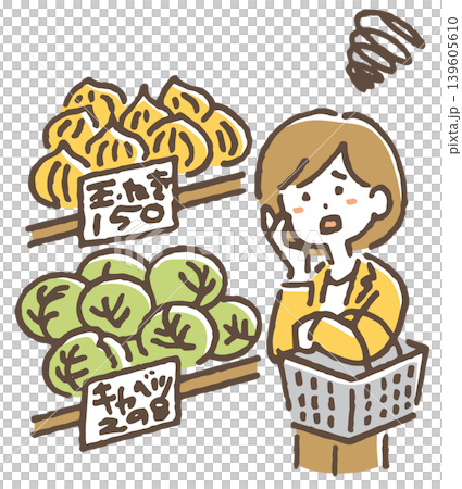 An illustration of a woman surprised by a price tag in a supermarket. An illustration of a woman surprised by a price tag in a supermarket. 139605610