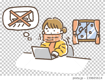 電気代を気にして暖房を我慢し、部屋の中でも厚着する人のイラスト。 電気代を気にして暖房を我慢し、部屋の中でも厚着する人のイラスト。 139605614