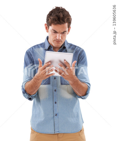 Tablet, glitch and confused man in studio with hacker notification, scam or cyber security fail on white background. Digital, problem and male model frustrated by 404, mistake or email spam crisis Tablet, glitch and confused man in studio with hacker notification, scam or cyber security fail on white background. Digital, problem and male model frustrated by 404, mistake or email spam crisis 139605636