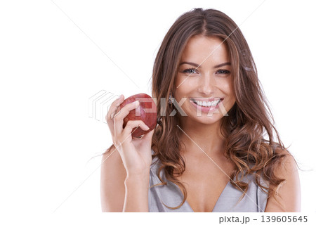 Happy woman, portrait and apple for natural nutrition, diet or healthy snack on a white studio background. Face of female person or nutritionist smile with red organic fruit in health on mockup space Happy woman, portrait and apple for natural nutrition, diet or healthy snack on a white studio background. Face of female person or nutritionist smile with red organic fruit in health on mockup space 139605645
