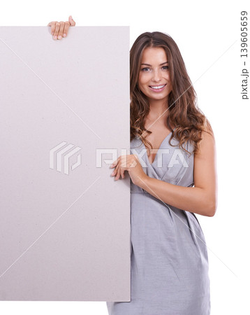 Mockup, poster and portrait of happy woman in studio with space for advertising news info on white background. Empty, banner or face of female model with billboard presentation, offer or announcement Mockup, poster and portrait of happy woman in studio with space for advertising news info on white background. Empty, banner or face of female model with billboard presentation, offer or announcement 139605659