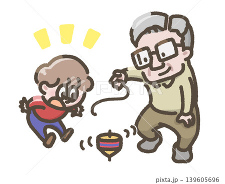 こままわしをする男性とそれを見る子どものイラスト こままわしをする男性とそれを見る子どものイラスト 139605696