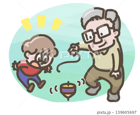 こままわしをする男性とそれを見る子どものイラスト こままわしをする男性とそれを見る子どものイラスト 139605697
