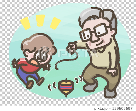 一幅插圖，描繪了一個男人在轉動陀螺，一個孩子在一旁觀看。 139605697