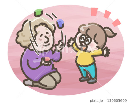 お手玉をする女性とそれを見る子どものイラスト お手玉をする女性とそれを見る子どものイラスト 139605699