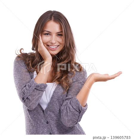 Studio, happiness and portrait of woman with palm gesture for discount promotion, sales notification or commercial information. Smile, mockup ads space and model presentation on white background 139605783