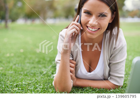 Woman, portrait and phone call or talking on grass for connection, conversation or advice. Female person, face and digital device in nature or speaking for exciting news, information or discussion Woman, portrait and phone call or talking on grass for connection, conversation or advice. Female person, face and digital device in nature or speaking for exciting news, information or discussion 139605795