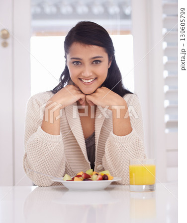 Breakfast, happy and portrait of woman with fruit salad and juice for nutrition, wellness and diet. Morning, home and person with drink, healthy food and snack for detox, vitamins and organic meal 139605799