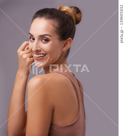 Portrait of happy woman, face or beauty for skincare dermatology or cosmetics for healthy glow. Isolated results, natural or confident model with smile or wellness in studio on purple background 139605832