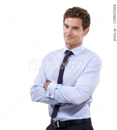 Businessman, smile and portrait in studio by arms crossed, professional and law career as consultant. Person, face and confident in management, happy and job pride for accountant by white background 139605868