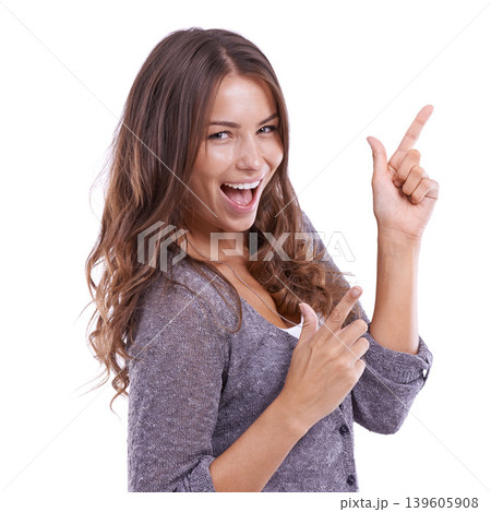 Finger gun, portrait and happy woman point to discount promotion, sales notification or commercial information. Studio, direction and excited person gesture at news announcement on white background Finger gun, portrait and happy woman point to discount promotion, sales notification or commercial information. Studio, direction and excited person gesture at news announcement on white background 139605908