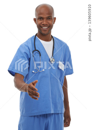 Doctor, portrait and black man with handshake offer in studio for welcome, hello or greeting sign on white background. Healthcare, face and male surgeon with shaking hands deal for partnership trust Doctor, portrait and black man with handshake offer in studio for welcome, hello or greeting sign on white background. Healthcare, face and male surgeon with shaking hands deal for partnership trust 139605910