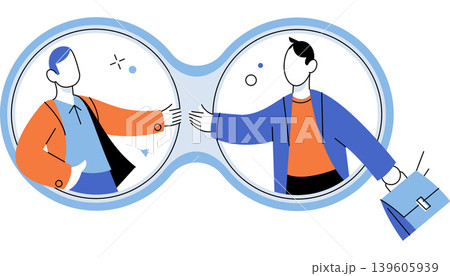 Two men reaching out to shake hands vector illustration. Remote work, partnership, networking, recruitment, agreement, connection. Businessmen gesturing for a handshake through circles 139605939