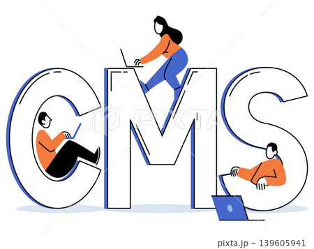 People working on large CMS letters vector illustration. Web development, digital marketing, content strategy, software management, online business, teamwork. Users interacting with big typography People working on large CMS letters vector illustration. Web development, digital marketing, content strategy, software management, online business, teamwork. Users interacting with big typography 139605941
