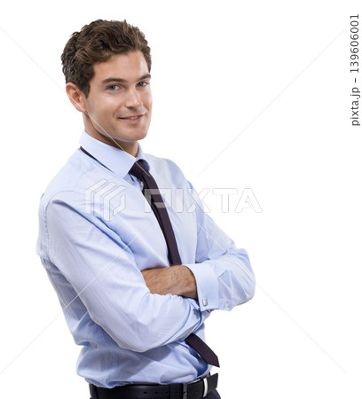 Businessman, arms crossed and portrait for happy as corporate professional and career in studio mockup. Person, face or confident in management in smile or about us for accountant by white background 139606001