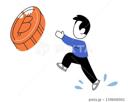Person running after a large bitcoin coin vector illustration. Crypto trading, financial investment, market volatility, digital wealth, chasing profit, blockchain. Man pursuing a crypto token 139606002