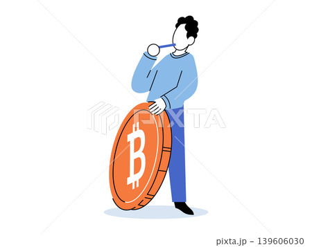 Man thinking next to a large bitcoin coin vector illustration. Crypto trading, financial planning, digital investment, market analysis, wealth management, blockchain. Person near a token Man thinking next to a large bitcoin coin vector illustration. Crypto trading, financial planning, digital investment, market analysis, wealth management, blockchain. Person near a token 139606030