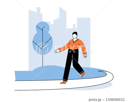 Man walking on a sidewalk in a city park vector illustration. Healthy lifestyle, urban commuting, outdoor exercise, city living, daily routine, active recreation. Pedestrian strolling along a path 139606032