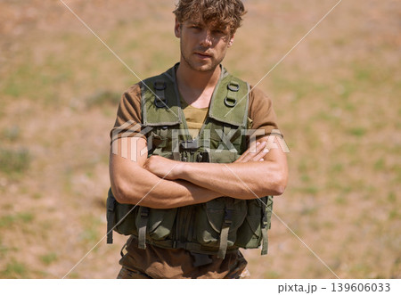 Military, arms crossed and portrait of man in nature for war, conflict and patriotism. Army, surveillance and security with person training on field for soldier, battlefield and veteran protection Military, arms crossed and portrait of man in nature for war, conflict and patriotism. Army, surveillance and security with person training on field for soldier, battlefield and veteran protection 139606033