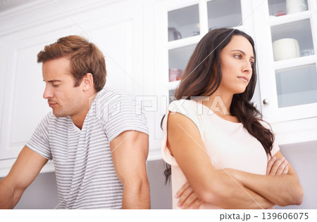 Couple, fight and angry with conflict or crisis in life, mistake or marriage fail with anxiety and stress at home. Frustrated people arguing in kitchen, cheating or problem with risk of divorce 139606075