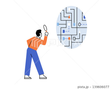 Man using a magnifying glass to study a complex map vector illustration. Data analysis, problem solving, strategy, research, logic, intelligence. Person examining a network with a loupe Man using a magnifying glass to study a complex map vector illustration. Data analysis, problem solving, strategy, research, logic, intelligence. Person examining a network with a loupe 139606077