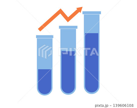 Three test tubes as a bar chart with an upward arrow vector illustration. Medical research, scientific progress, lab data, health growth, biotech success, chemical analysis. Vials with rising fluid Three test tubes as a bar chart with an upward arrow vector illustration. Medical research, scientific progress, lab data, health growth, biotech success, chemical analysis. Vials with rising fluid 139606108