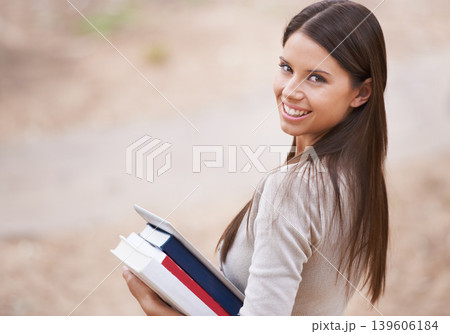 Student, portrait and books with tablet in nature, technology and education for learning at university. Park, young woman and face by happy connection, college and commitment with networking online Student, portrait and books with tablet in nature, technology and education for learning at university. Park, young woman and face by happy connection, college and commitment with networking online 139606184