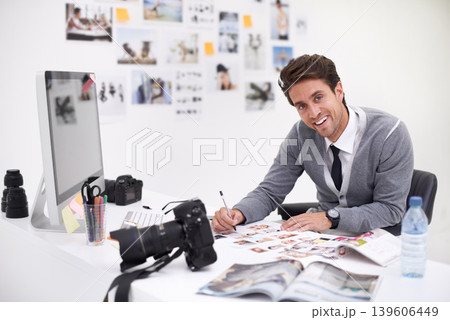 Man, camera and photography in agency with portrait, checking image design and creative in workplace. Person, smile face and glasses for vision, technology and focus in office with digital photoshoot Man, camera and photography in agency with portrait, checking image design and creative in workplace. Person, smile face and glasses for vision, technology and focus in office with digital photoshoot 139606449