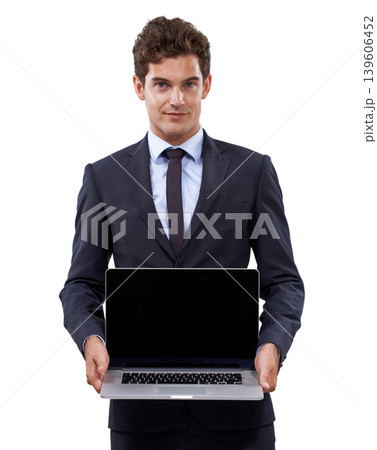 Confident, businessman and portrait by laptop screen and corporate professional with technology for studio mockup. Person, face and computer in hands for entrepreneur, digital and white background 139606452