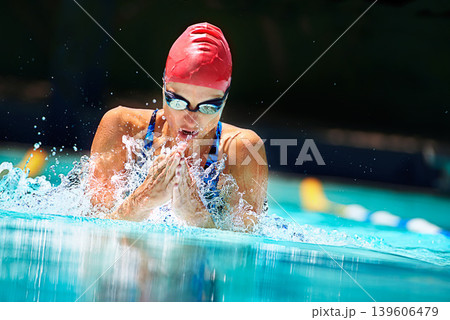Workout, water splash or woman in swimming pool for competition training, fitness or energy. Sports, fast speed or cardio with female swimmer and athlete for exercise, championship and race at gala 139606479