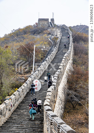 Unrecognizable tourists walking towards Tower 20 known as Hero's Slope in Mutianyu section of Great Wall Unrecognizable tourists walking towards Tower 20 known as Hero's Slope in Mutianyu section of Great Wall 139606623