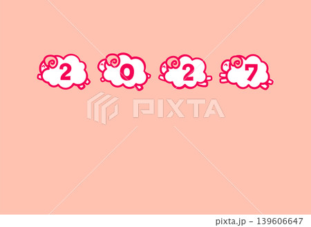 2027年未年の年賀状。ジャンプする4匹の笑顔の羊と「2027」の数字。文字なしピンク背景 2027年未年の年賀状。ジャンプする4匹の笑顔の羊と「2027」の数字。文字なしピンク背景 139606647
