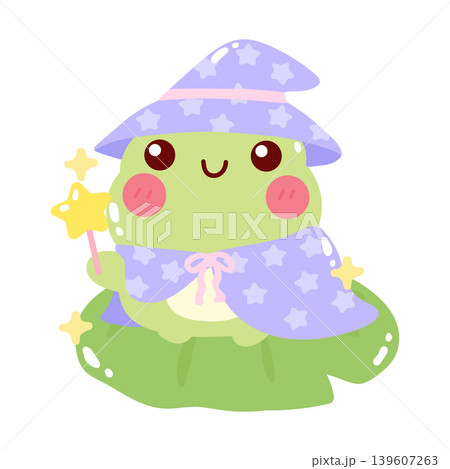 Cute frog wizard cartoon character with magic wand 139607263