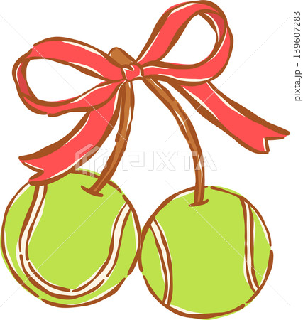 Coquette Tennis Balls Cherries with Red Bow Whimsical Hand Drawn 139607283
