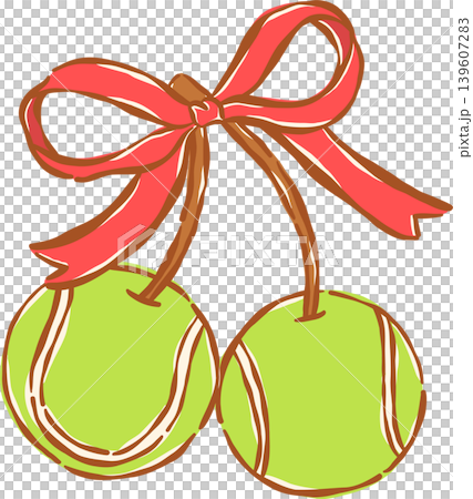 Coquette Tennis Balls Cherries with Red Bow Whimsical Hand Drawn 139607283