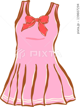 Pink Pleated Tennis Dress with Red Bow Whimsical Sketchy Hand Drawn 139607294
