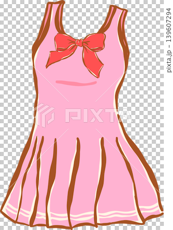 Pink Pleated Tennis Dress with Red Bow Whimsical Sketchy Hand Drawn 139607294