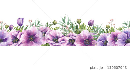 Watercolor Anemones flowers with purple and pink buds and green leaves with eucalyptus branches floral seamless border. Realistic horizontal pattern. Hand drawn isolated from background illustration. Watercolor Anemones flowers with purple and pink buds and green leaves with eucalyptus branches floral seamless border. Realistic horizontal pattern. Hand drawn isolated from background illustration. 139607948