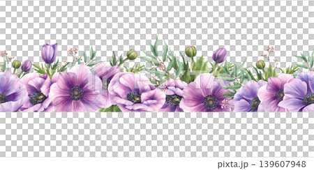 Watercolor Anemones flowers with purple and pink buds and green leaves with eucalyptus branches floral seamless border. Realistic horizontal pattern. Hand drawn isolated from background illustration. Watercolor Anemones flowers with purple and pink buds and green leaves with eucalyptus branches floral seamless border. Realistic horizontal pattern. Hand drawn isolated from background illustration. 139607948