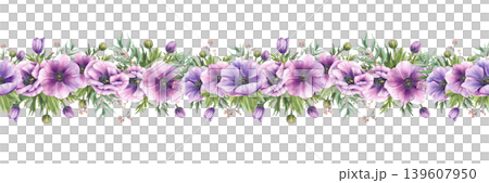 Anemones flowers with purple and pink buds and green leaves with eucalyptus branches watercolor seamless border. Floral illustration, horizontal pattern print. Hand drawn on isolated white background. Anemones flowers with purple and pink buds and green leaves with eucalyptus branches watercolor seamless border. Floral illustration, horizontal pattern print. Hand drawn on isolated white background. 139607950