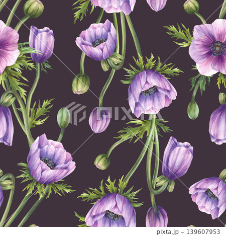 Watercolor Anemone flower with green leaves and pink purple buds floral seamless pattern. Hand drawn spring bouquet for fabric, packaging design, wallpaper on isolated dark background illustration 139607953