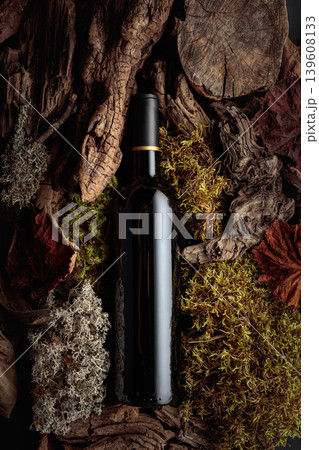 Bottle of red wine against a backdrop of moss and dry driftwoods. Bottle of red wine against a backdrop of moss and dry driftwoods. 139608133