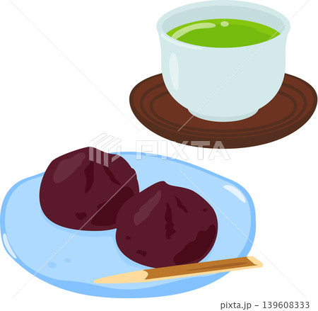 皿に盛ったあんころ餅と湯吞に入った緑茶 139608333