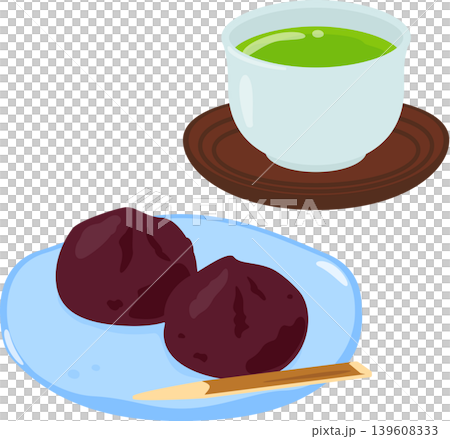 皿に盛ったあんころ餅と湯吞に入った緑茶 139608333
