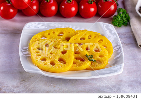 Marinated piclked lotus root slices Marinated piclked lotus root slices 139608431